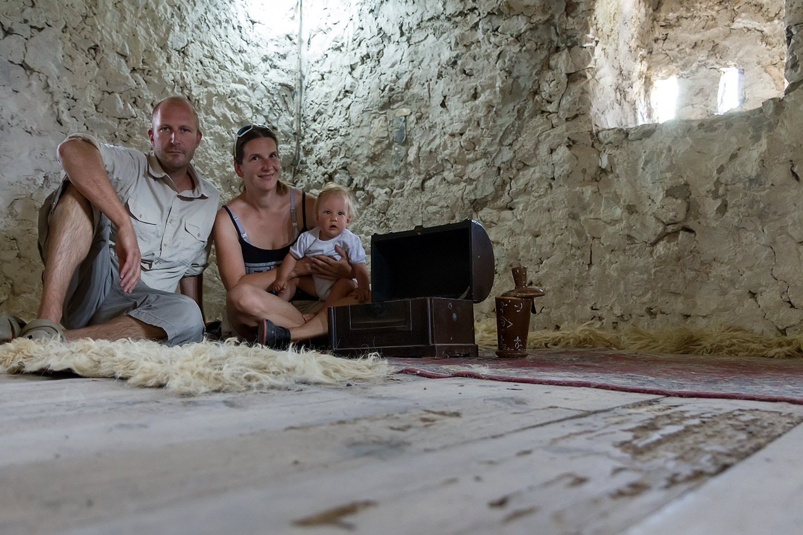 The family in the tower of Theth, Albania.