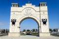 Arch of Triumph of Transnistria with our Landcruiser in it's shade.