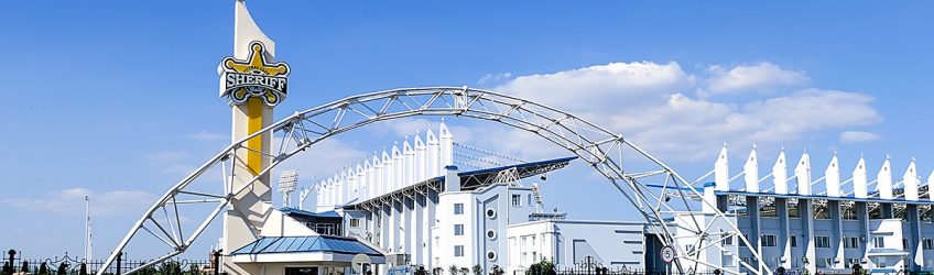 The entrance to the 200-million-dollar Sheriff football stadium in Tiraspol.